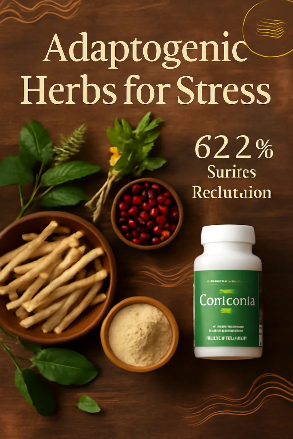 alt="Adaptogenic herbs for stress including ashwagandha root and rhodiola rosea"