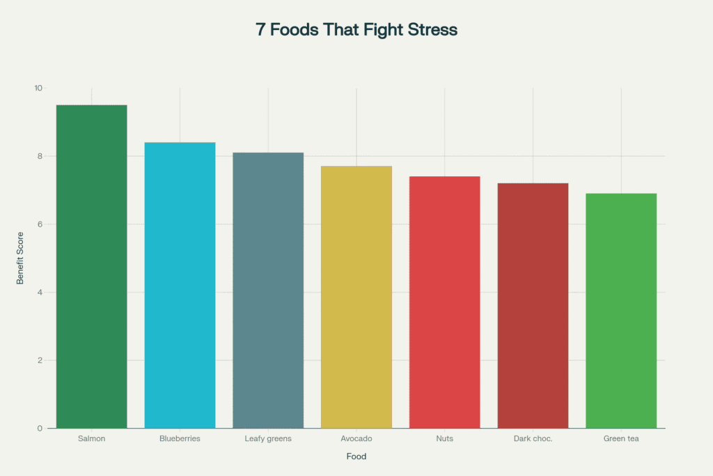 Foods that reduce cortisol and fight stress naturally including salmon, berries, and leafy greens"