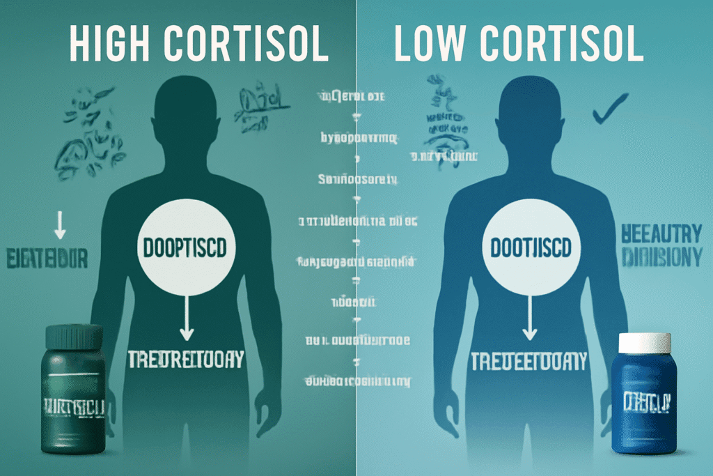 "Scientific diagram showing cortisol and testosterone relationship with stress hormone pathways, supplement solutions, and natural hormone balance optimization strategies"