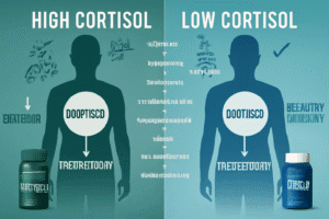 "Scientific diagram showing cortisol and testosterone relationship with stress hormone pathways, supplement solutions, and natural hormone balance optimization strategies"
