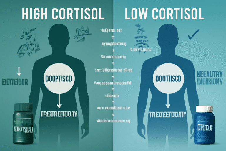 "Scientific diagram showing cortisol and testosterone relationship with stress hormone pathways, supplement solutions, and natural hormone balance optimization strategies"
