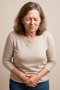 Woman experiencing bladder discomfort, promoting Confitrol24 supplement for bladder control