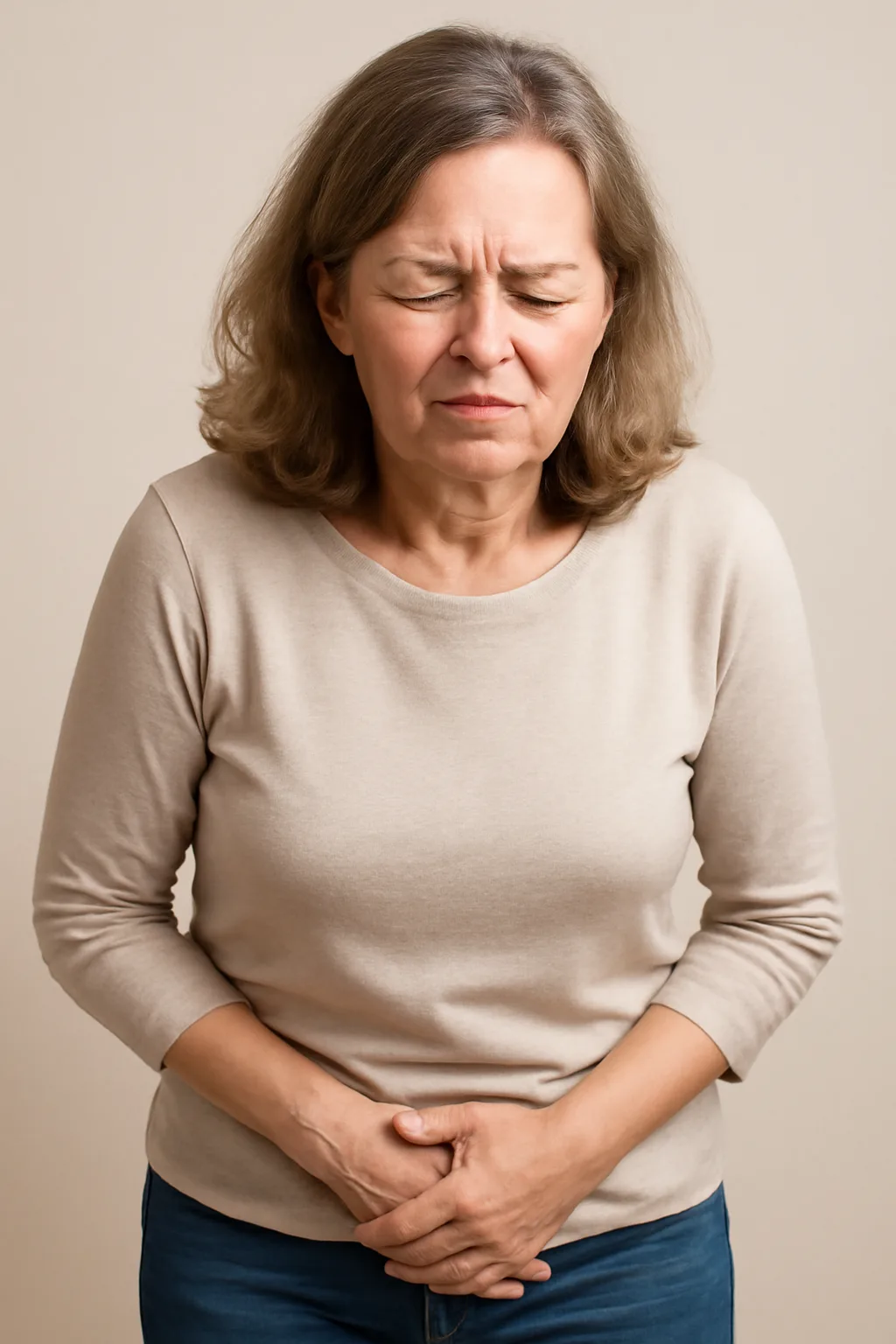 Woman experiencing bladder discomfort, promoting Confitrol24 supplement for bladder control