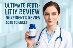 Professional image of a confident female doctor in a clinical blue and white setting holding a Fertility Factor 5 supplement bottle, conveying expert approval for male fertility support.