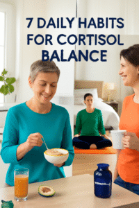 Lifestyle changes cortisol: person engaging in healthy daily habits including nutrition, exercise, sleep, and stress management for optimal cortisol balance and hormone regulation