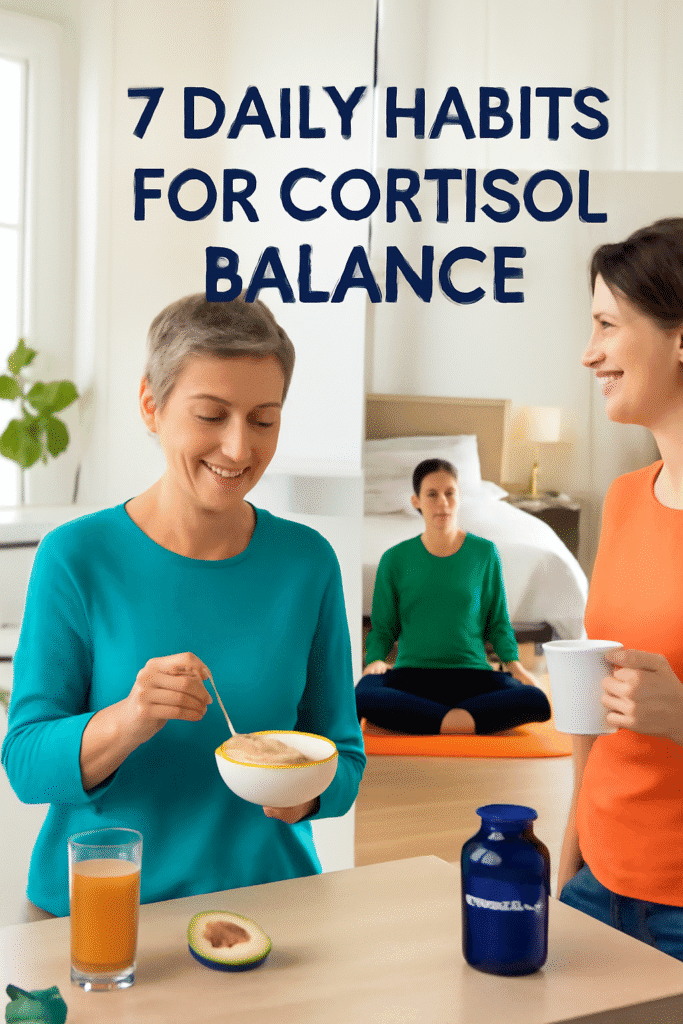 Lifestyle changes cortisol: person engaging in healthy daily habits including nutrition, exercise, sleep, and stress management for optimal cortisol balance and hormone regulation