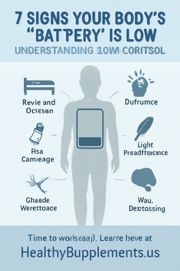 Professional featured image illustrating "low cortisol symptoms" titled "7 Signs Your Body's Battery Is Low: Understanding Low Cortisol," showing a faded human silhouette with an empty battery icon over the chest and seven connecting lines to symptom icons including profound fatigue, dizziness, salt cravings, muscle weakness, low motivation, stress intolerance, and skin darkening, designed with calming soft blues, light greys, and white to represent adrenal insufficiency symptoms.