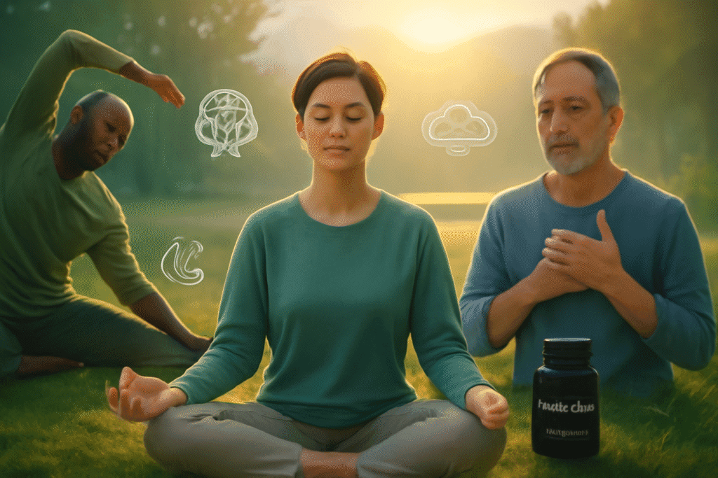 Stress management techniques: diverse group practicing meditation, yoga, and deep breathing in natural setting for cortisol reduction"