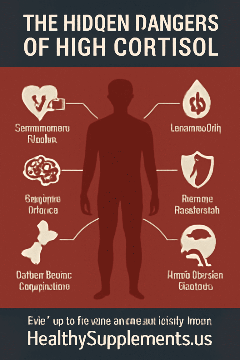 Professional medical infographic illustrating the "long-term effects of high cortisol" titled "The Hidden Dangers of High Cortisol," showing a transparent human silhouette with seven connecting lines to serious health risk icons including cardiovascular disease, cognitive decline, osteoporosis, diabetes risk, immune suppression, digestive issues, and mental health disorders, designed with deep red, dark grey, and white medical palette to highlight chronic cortisol health consequences.