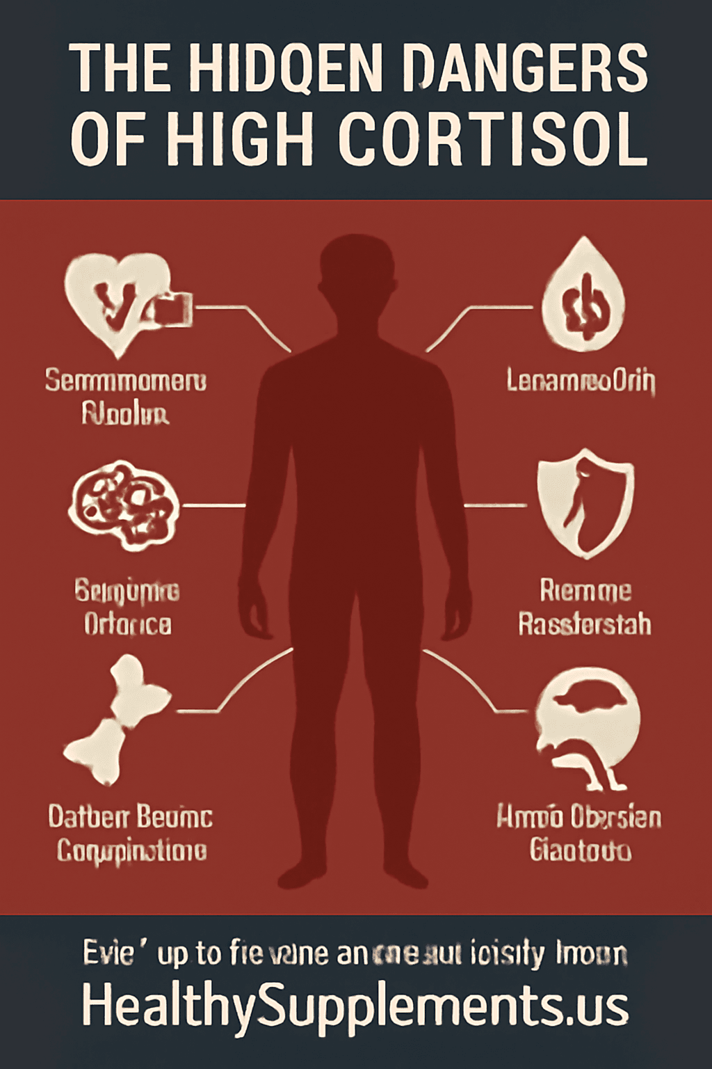 Professional medical infographic illustrating the "long-term effects of high cortisol" titled "The Hidden Dangers of High Cortisol," showing a transparent human silhouette with seven connecting lines to serious health risk icons including cardiovascular disease, cognitive decline, osteoporosis, diabetes risk, immune suppression, digestive issues, and mental health disorders, designed with deep red, dark grey, and white medical palette to highlight chronic cortisol health consequences.