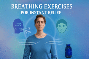 Breathing exercises reduce cortisol: person practicing deep breathing techniques in peaceful environment, showing immediate stress and anxiety reduction through controlled breathing methods