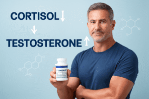 Professional featured image for "cortisol and testosterone connection" showing a confident athletic man in a clinical blue and white background, highlighting the impact of stress on testosterone levels and muscle growth. cortisol and testosterone connection