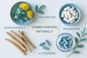 Featured image showing natural supplements including Ashwagandha, Rhodiola, Magnesium, and L-Theanine.