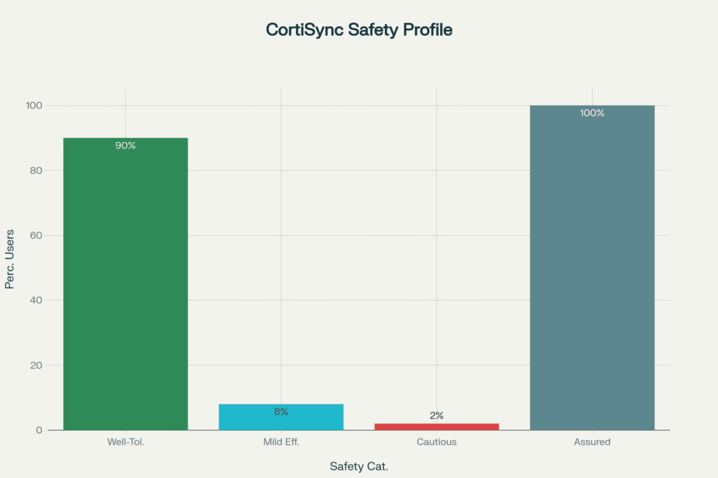 An infographic detailing the CortiSync side effects and safety profile, covering its natural ingredients, manufacturing quality, and who should be cautious.