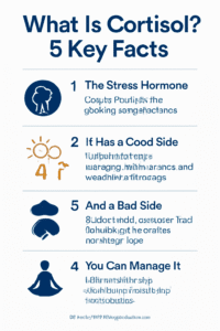 Professional featured image for the article "what is cortisol" showing a clean minimalist infographic titled "What is Cortisol? 5 Key Facts" with calming blue, white, and orange design, explaining cortisol as the stress hormone, its benefits, chronic effects, daily rhythm, and management strategies through lifestyle and adaptogen support.