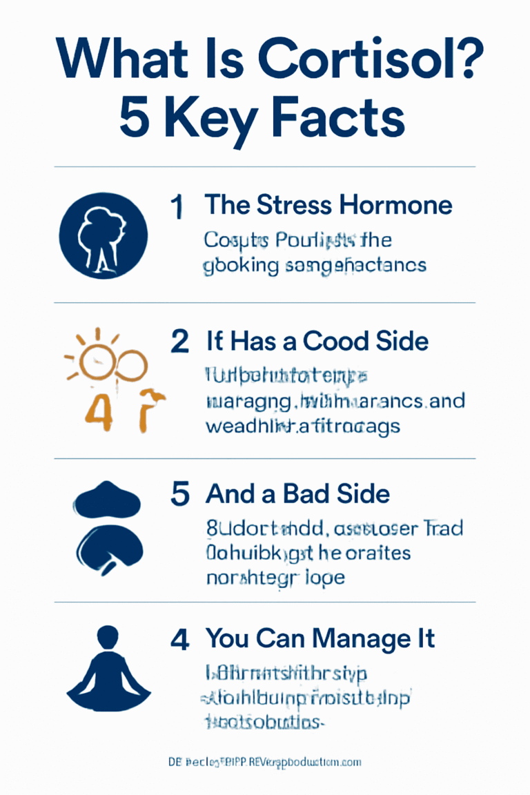 Professional featured image for the article "what is cortisol" showing a clean minimalist infographic titled "What is Cortisol? 5 Key Facts" with calming blue, white, and orange design, explaining cortisol as the stress hormone, its benefits, chronic effects, daily rhythm, and management strategies through lifestyle and adaptogen support.