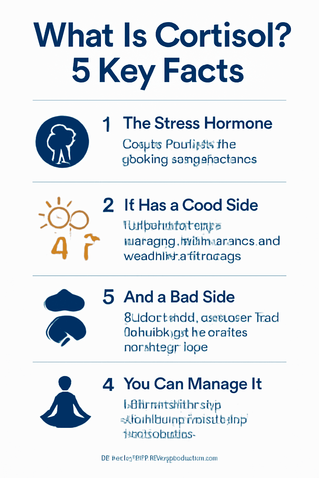 Professional featured image for the article "what is cortisol" showing a clean minimalist infographic titled "What is Cortisol? 5 Key Facts" with calming blue, white, and orange design, explaining cortisol as the stress hormone, its benefits, chronic effects, daily rhythm, and management strategies through lifestyle and adaptogen support.