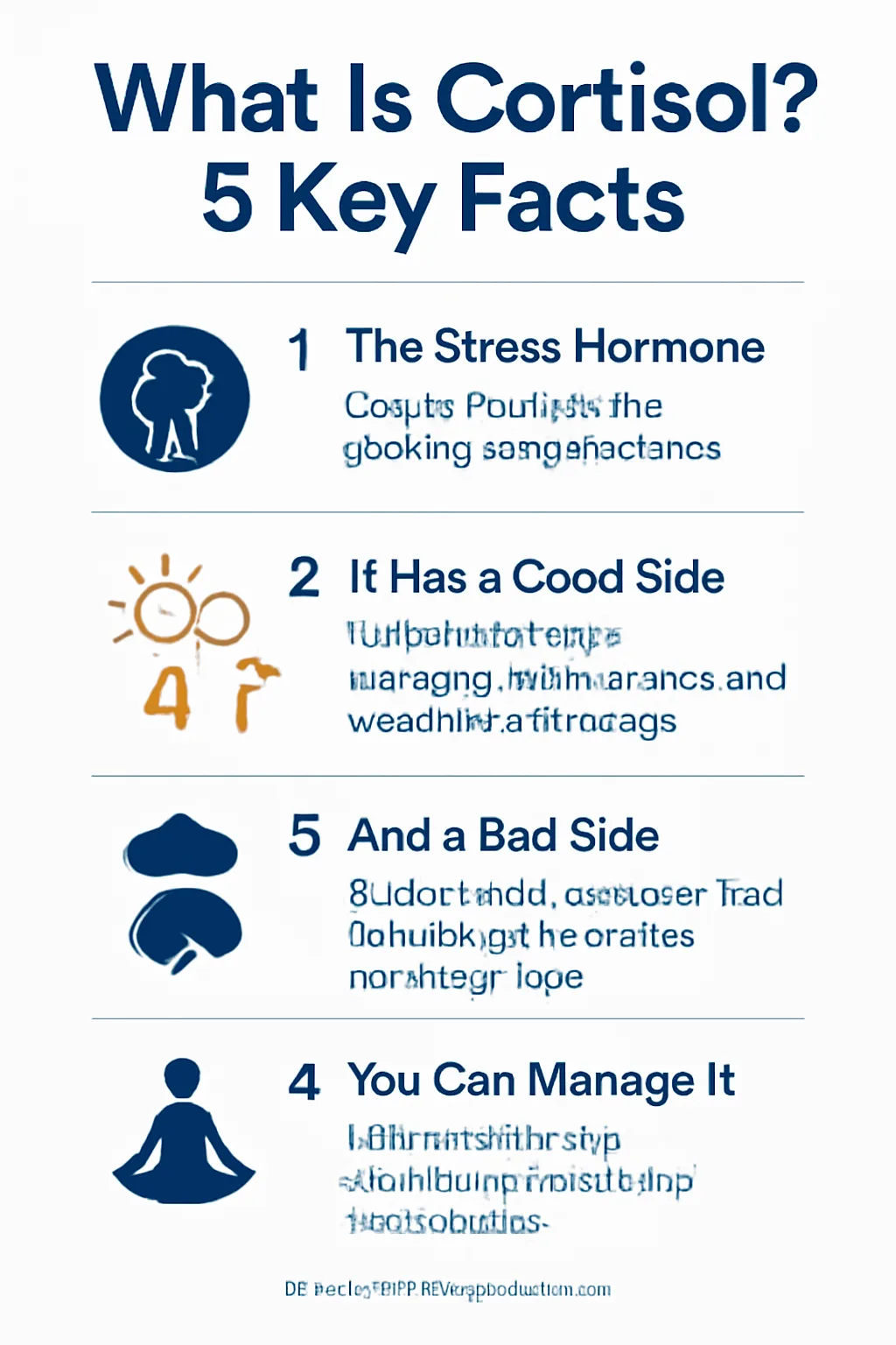 Professional featured image for the article "what is cortisol" showing a clean minimalist infographic titled "What is Cortisol? 5 Key Facts" with calming blue, white, and orange design, explaining cortisol as the stress hormone, its benefits, chronic effects, daily rhythm, and management strategies through lifestyle and adaptogen support.