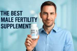 Professional featured image of a confident middle-aged man holding Fertility Factor 5 supplement bottle in a clean clinical blue-white background.