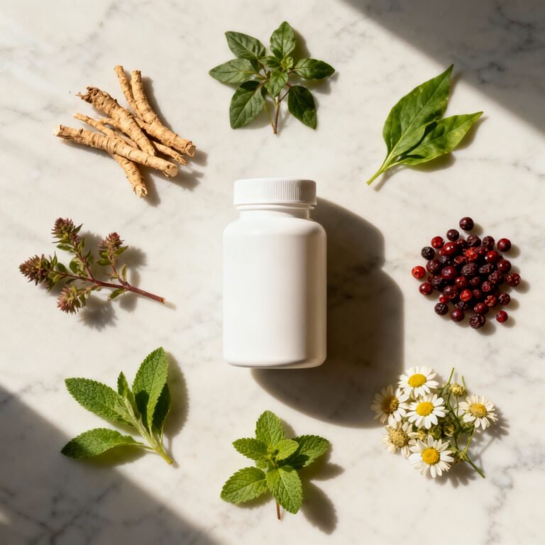 CortiSync bottle with original label, arranged with seven adaptogenic herbs for stress relief