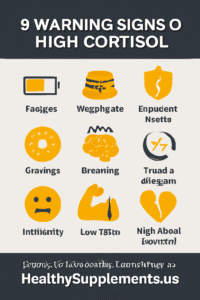 Professional featured image showing a modern infographic titled "9 Warning Signs of High Cortisol" laid out in a 3x3 grid format with amber warning colors, dark grey, and white design. The infographic displays nine key symptoms: constant fatigue, belly fat gain, frequent illness, food cravings, brain fog, poor sleep, mood swings, muscle weakness, and low libido, designed to help readers identify high cortisol symptoms.