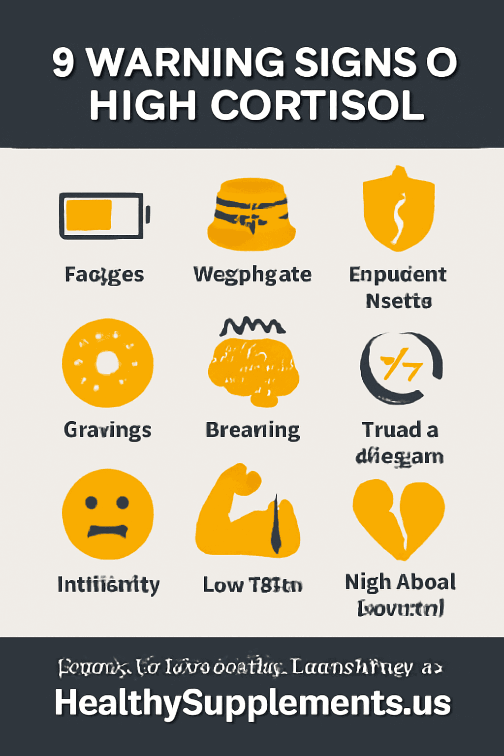 Professional featured image showing a modern infographic titled "9 Warning Signs of High Cortisol" laid out in a 3x3 grid format with amber warning colors, dark grey, and white design. The infographic displays nine key symptoms: constant fatigue, belly fat gain, frequent illness, food cravings, brain fog, poor sleep, mood swings, muscle weakness, and low libido, designed to help readers identify high cortisol symptoms.
