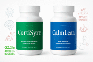 "Professional comparison of CortiSync vs CalmLean stress relief supplements showing clinical effectiveness, cortisol reduction benefits, and ingredient analysis with scientific infographics"