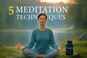 Meditation to reduce cortisol: person practicing mindfulness meditation in peaceful natural setting with soft golden light, representing stress reduction and inner calm