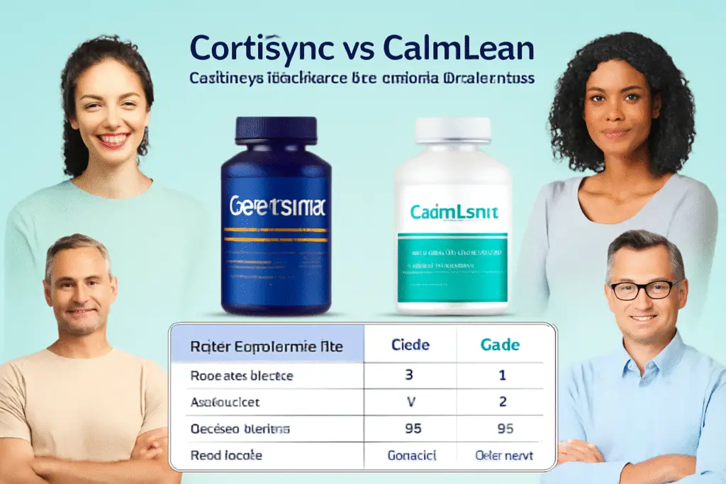 Cortisol supplements comparison infographic showing CortiSync vs CalmLean clinical benefits, ingredients, and effectiveness ratings"