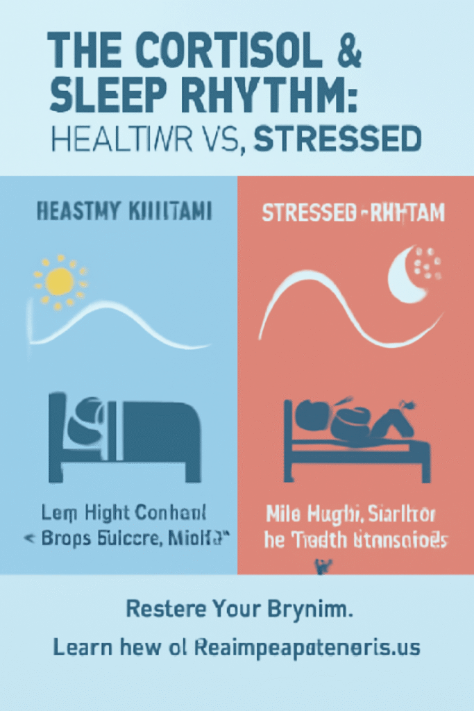 Professional educational infographic about "cortisol and sleep" titled "The Cortisol & Sleep Rhythm: Healthy vs. Stressed" featuring a split-screen design with blue calming background showing healthy cortisol wave pattern (high morning, low night) leading to peaceful sleep, and red alerting background showing stressed cortisol pattern (consistently high) causing disrupted sleep, illustrating the critical relationship between cortisol and sleep quality.