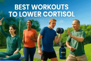 Exercise to lower cortisol: diverse group performing moderate intensity workouts including yoga, cardio, and strength training in modern fitness environment, representing effective stress hormone reduction through physical activity