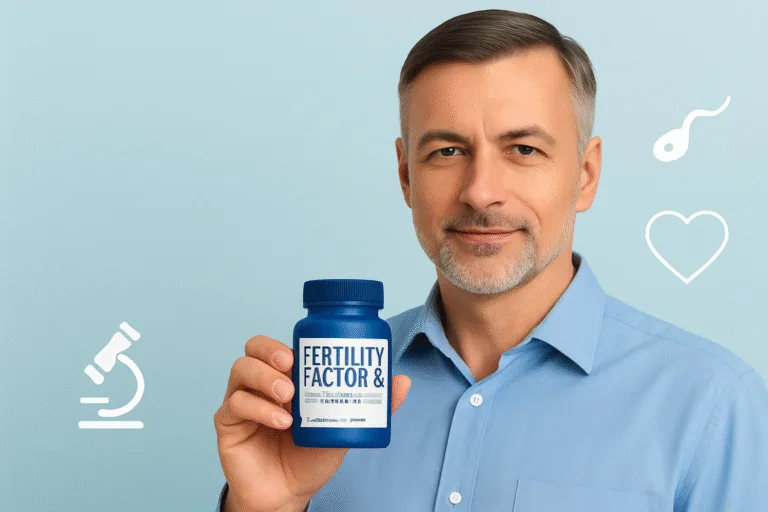 Professional featured image of a confident middle-aged man holding a Fertility Factor 5 supplement bottle in a clinical blue and white background, symbolizing trust, scientific credibility, and male fertility support.