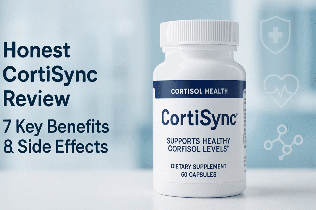 Professional featured image for “Honest CortiSync Review: 7 Key Benefits & Side Effects” showing a CortiSync supplement bottle in sharp focus, placed on a clean blue and white clinical background, symbolizing scientific trust and proven health benefits for stress, cortisol balance, and wellness.