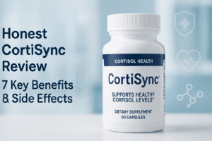 Professional featured image for “Honest CortiSync Review: 7 Key Benefits & Side Effects” showing a CortiSync supplement bottle in sharp focus, placed on a clean blue and white clinical background, symbolizing scientific trust and proven health benefits for stress, cortisol balance, and wellness.
