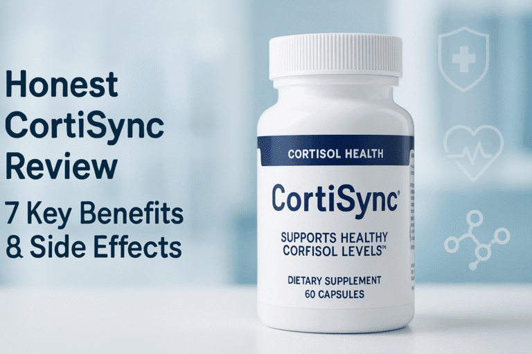 Professional featured image for “Honest CortiSync Review: 7 Key Benefits & Side Effects” showing a CortiSync supplement bottle in sharp focus, placed on a clean blue and white clinical background, symbolizing scientific trust and proven health benefits for stress, cortisol balance, and wellness.
