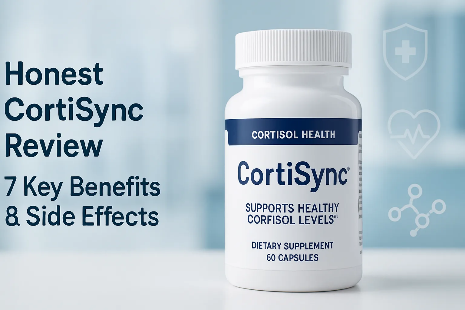 Professional featured image for “Honest CortiSync Review: 7 Key Benefits & Side Effects” showing a CortiSync supplement bottle in sharp focus, placed on a clean blue and white clinical background, symbolizing scientific trust and proven health benefits for stress, cortisol balance, and wellness.