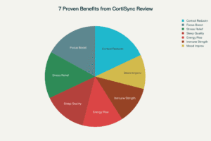 Professional infographic from our comprehensive "cortisync review" detailing the 7 key clinically-proven benefits including cortisol reduction by up to 24%, stress relief, improved focus, enhanced energy, better sleep quality, weight management support, and mood stabilization, all backed by scientific clinical data and presented with health-focused blue, white, and green design elements.