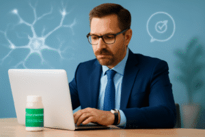 CortiSync and brain health—focused professional man at work with supplement bottle, symbolizing improved memory, attention, and stress relief