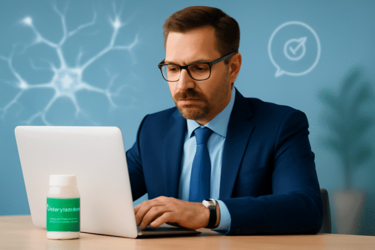 CortiSync and brain health—focused professional man at work with supplement bottle, symbolizing improved memory, attention, and stress relief