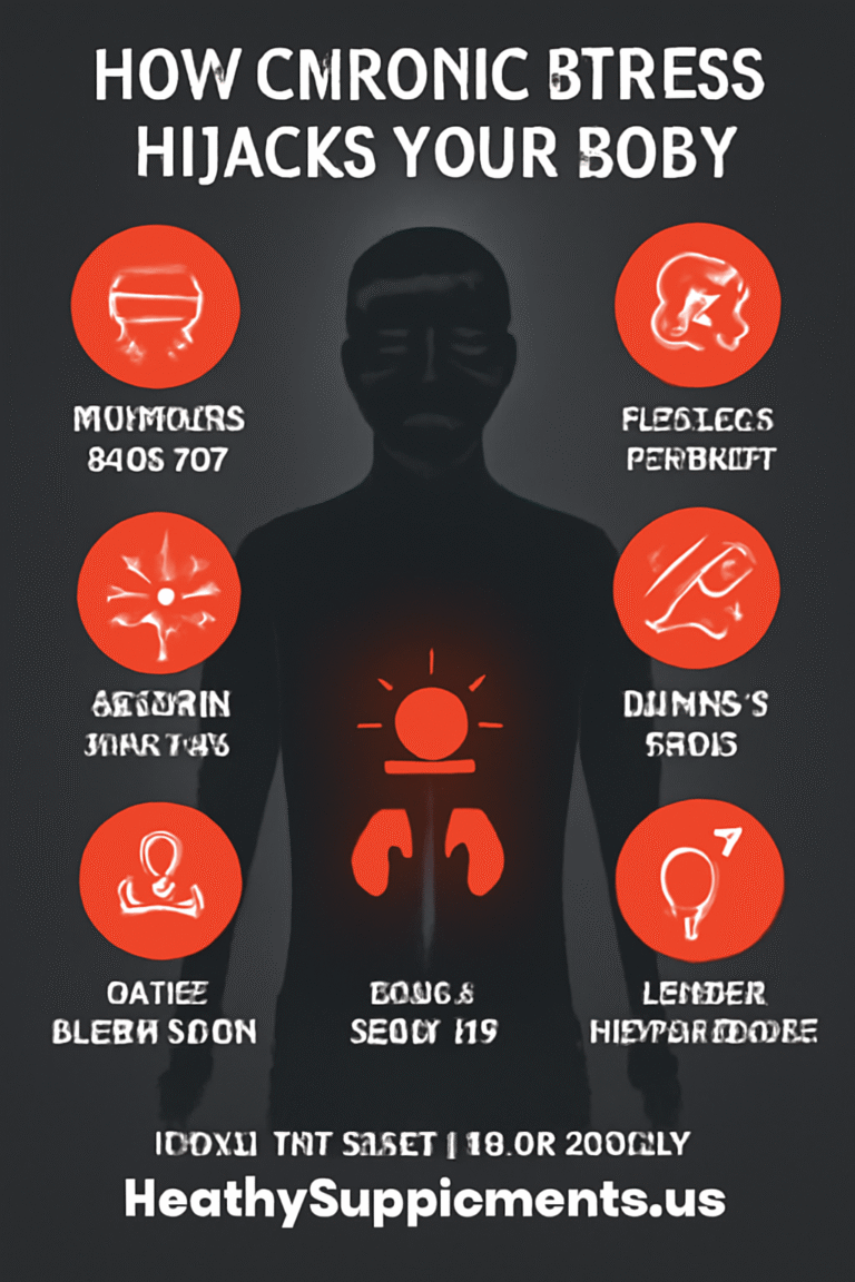 Professional featured image for the article "chronic stress affects cortisol" showing a modern infographic titled "How Chronic Stress Hijacks Your Body" with a central stressed human silhouette and seven surrounding icons illustrating dangerous effects: belly fat, weakened immunity, disrupted sleep, brain fog, accelerated skin aging, raised blood sugar, and lowered testosterone, designed in warning red, dark grey, and white palette.