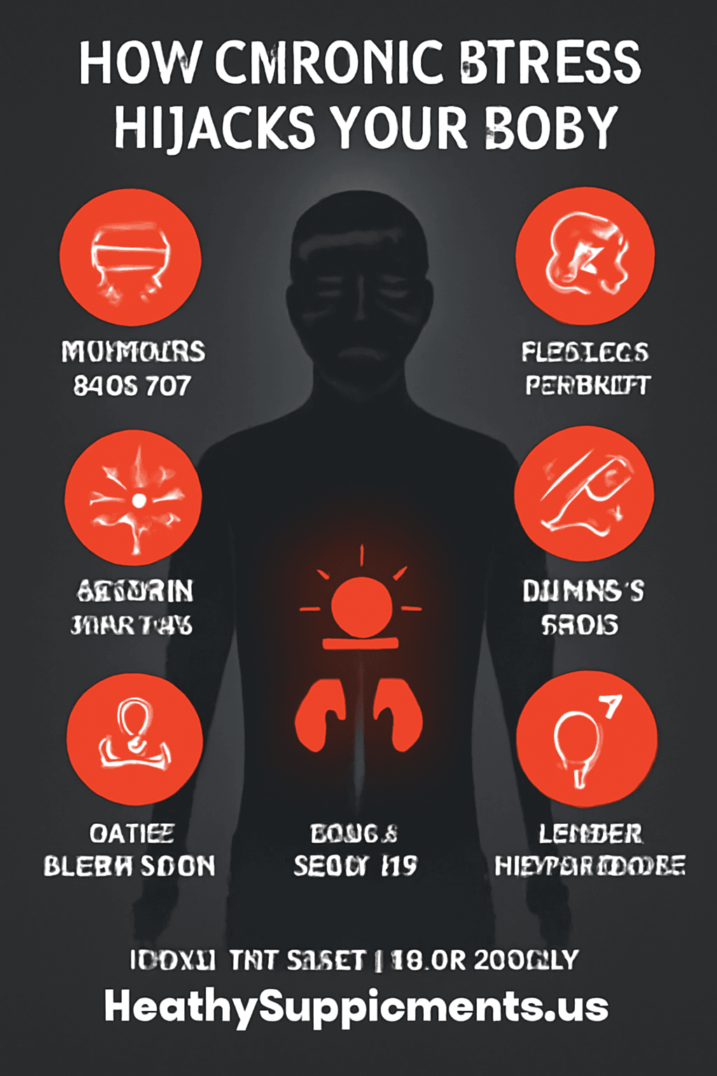 Professional featured image for the article "chronic stress affects cortisol" showing a modern infographic titled "How Chronic Stress Hijacks Your Body" with a central stressed human silhouette and seven surrounding icons illustrating dangerous effects: belly fat, weakened immunity, disrupted sleep, brain fog, accelerated skin aging, raised blood sugar, and lowered testosterone, designed in warning red, dark grey, and white palette.
