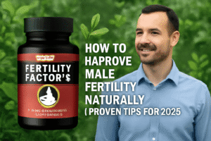 Fertility Factor 5 supplement bottle with black and red label, surrounded by natural elements symbolizing male fertility and health