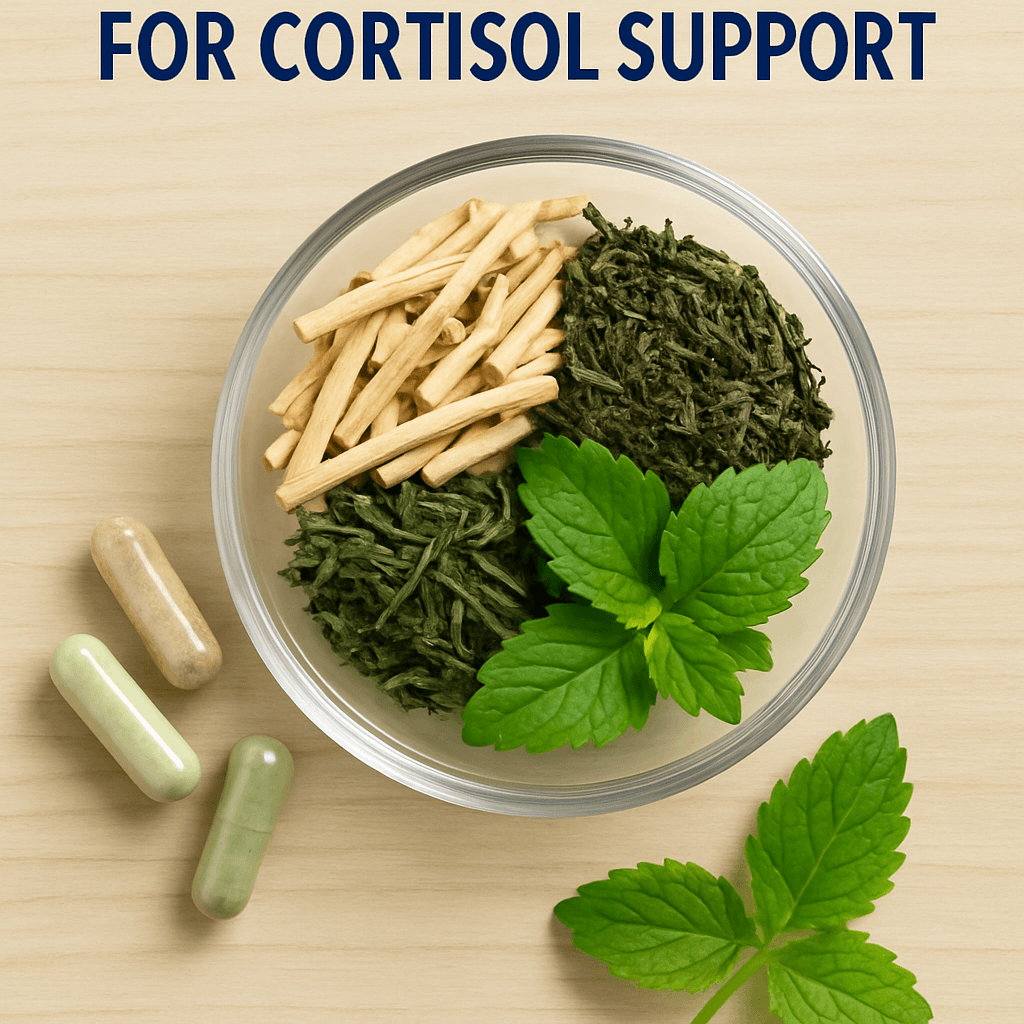 A collection of natural herbs and supplements that help lower cortisol naturally, including ashwagandha and green tea leaves.
