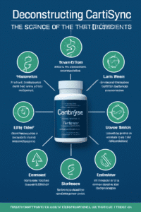Professional scientific infographic about "cortisync ingredients" titled "Deconstructing CortiSync: The Science of the 7 Key Ingredients" featuring a central high-quality CortiSync bottle image with seven radiating lines to icons and descriptions of patented components including Sensoril Ashwagandha for cortisol reduction, L-Theanine for calm focus, Holy Basil for stress protection, Lemon Balm for mood support, Rhodiola for energy, Magnolia for sleep regulation, and Lichi for weight management, designed in deep blue, green, and white modern scientific style.