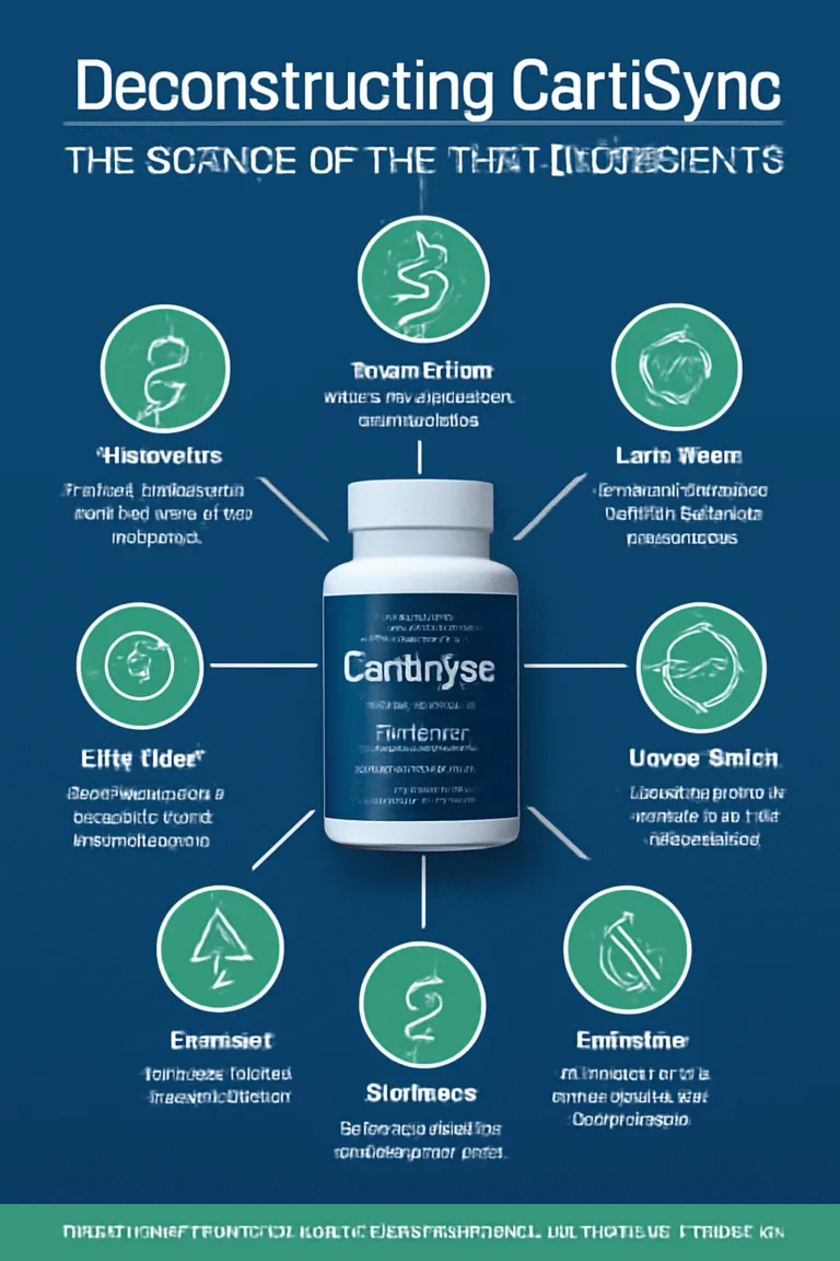 Professional scientific infographic about "cortisync ingredients" titled "Deconstructing CortiSync: The Science of the 7 Key Ingredients" featuring a central high-quality CortiSync bottle image with seven radiating lines to icons and descriptions of patented components including Sensoril Ashwagandha for cortisol reduction, L-Theanine for calm focus, Holy Basil for stress protection, Lemon Balm for mood support, Rhodiola for energy, Magnolia for sleep regulation, and Lichi for weight management, designed in deep blue, green, and white modern scientific style.