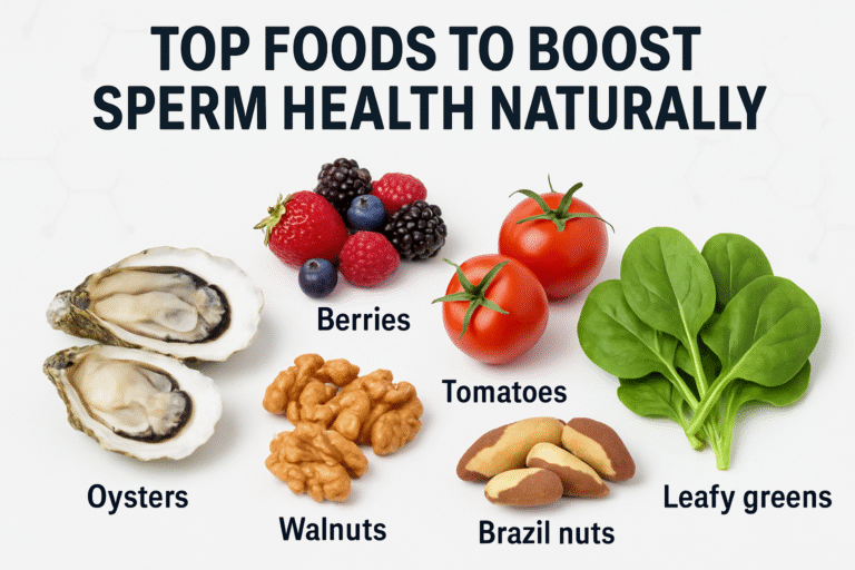 Spread of the best foods to boost sperm health, including oysters, berries, walnuts, tomatoes, and Brazil nuts, photographed on a fresh, clean background.