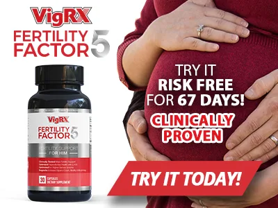 Professional featured image of a confident middle-aged man holding Fertility Factor 5 supplement bottle in a clean clinical blue-white background.