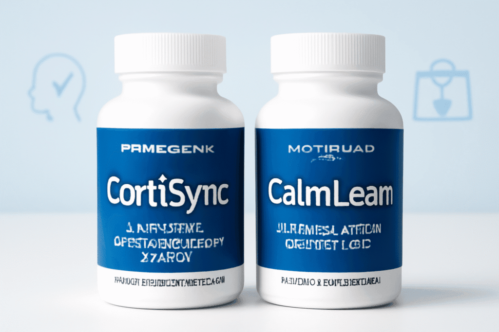 Professional featured image for the article "cortisol supplements comparison" showing CortiSync and CalmLean supplement bottles displayed side by side on a clean clinical blue and white background, visually communicating expert analysis for stress, energy, and weight loss in 2025.