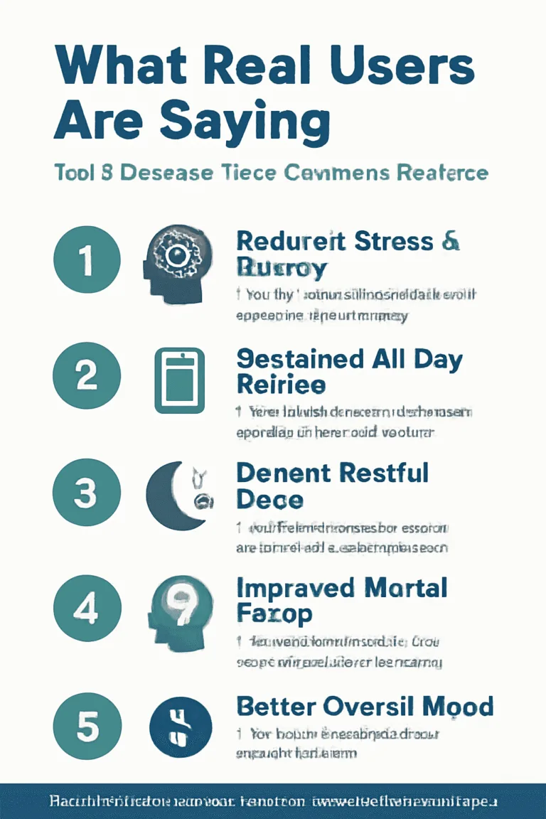 An infographic summarizing the top 5 benefits from CortiSync user reviews, including stress reduction, better sleep, and improved energy.