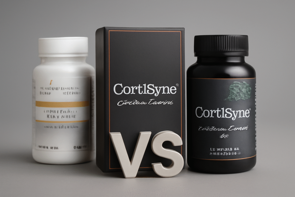 CortiSync vs other supplements comparison, featuring bottles of CortiSync, Cortisol Manager, and Thorne Cortrex in a showdown.